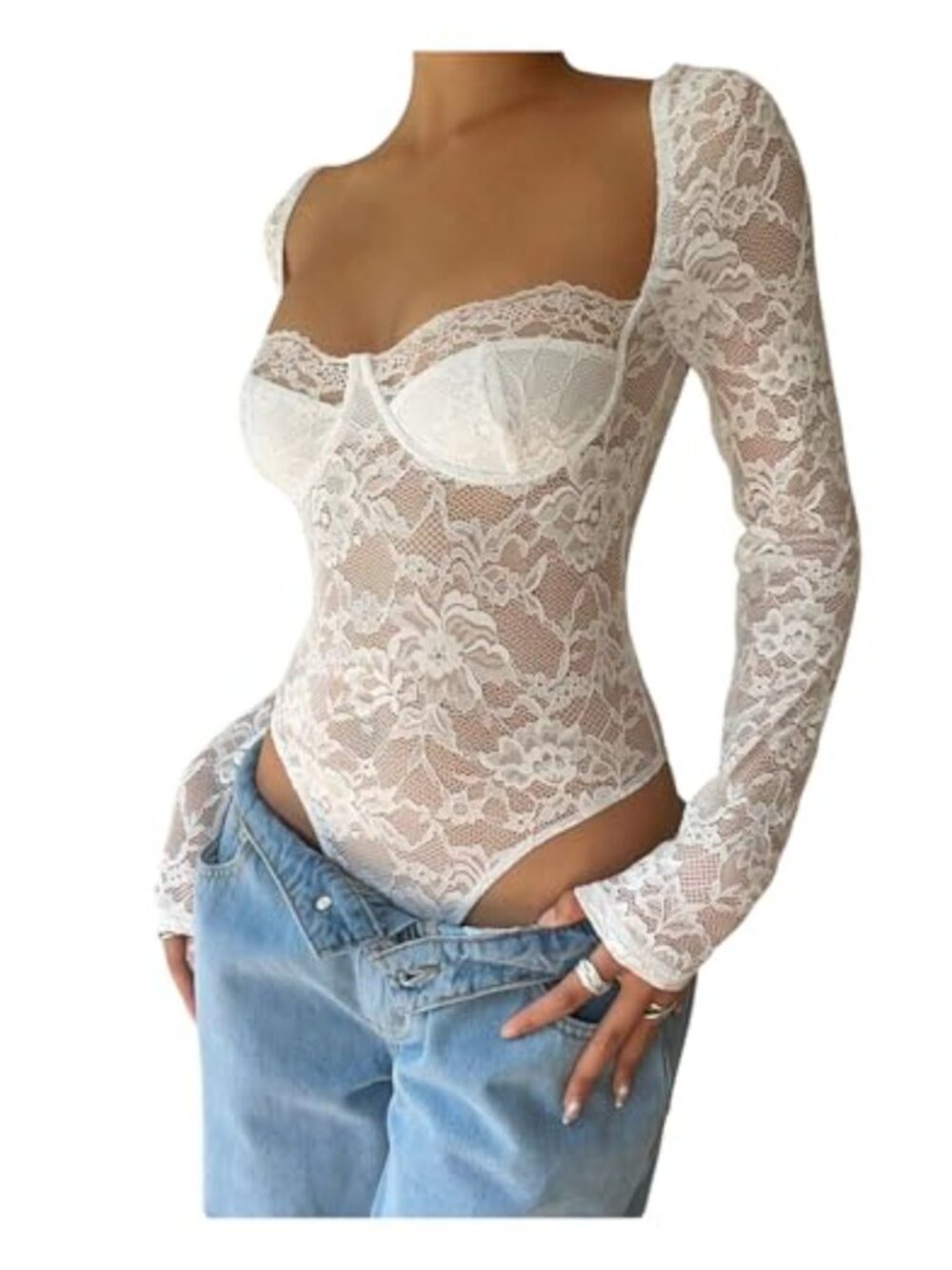 Sheer Lace Long Sleeve Underwire Bodysuit Corset Top Skinny
